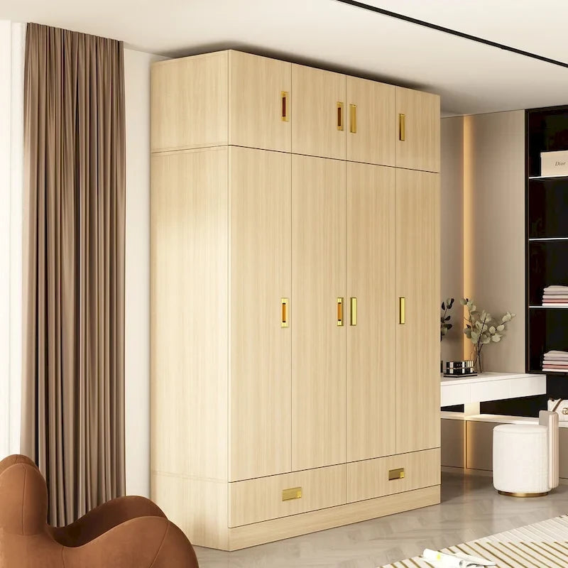 Wardrobe Closet Cabinet with Gold Handles and Optional Top Cabinet