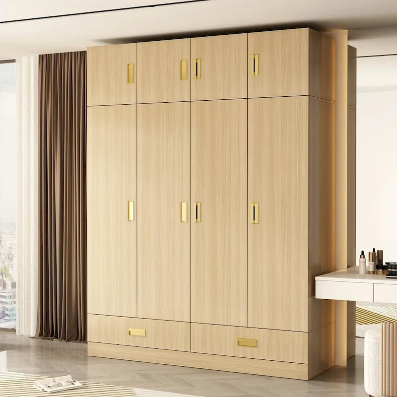 Wardrobe Closet Cabinet with Gold Handles and Optional Top Cabinet