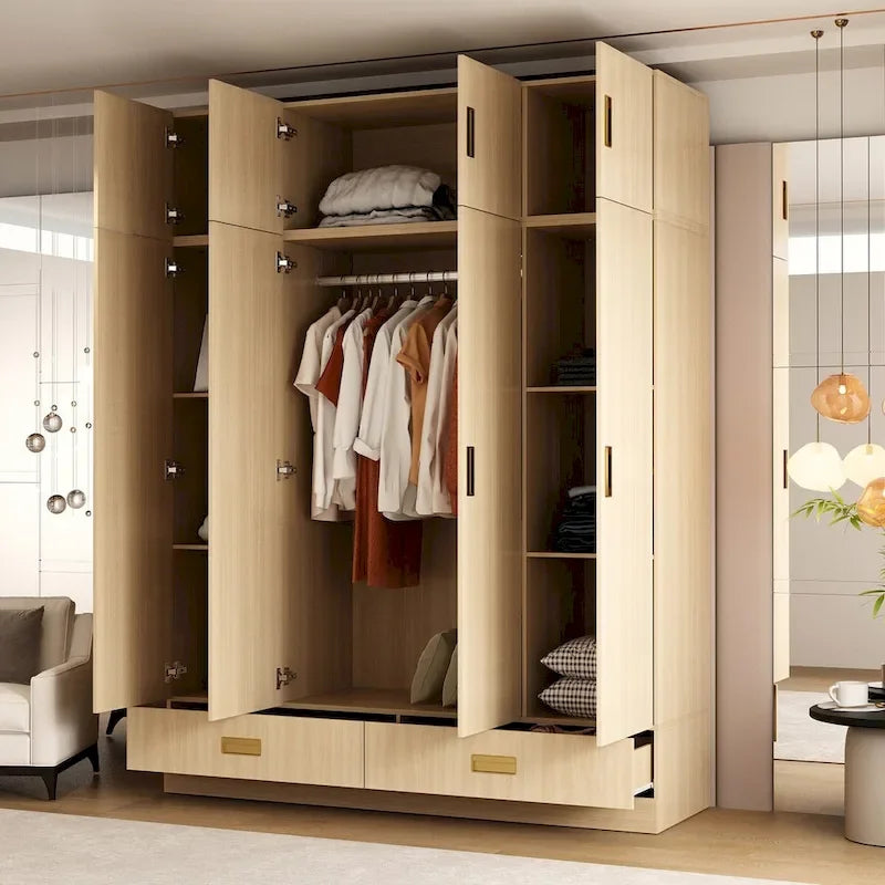 Wardrobe Closet Cabinet with Gold Handles and Optional Top Cabinet