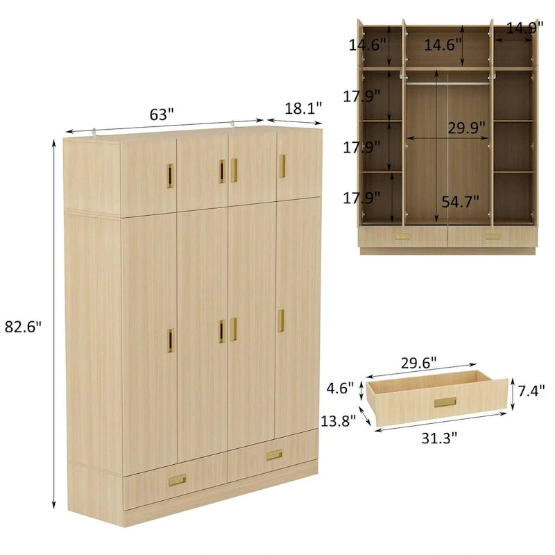 Wardrobe Closet Cabinet with Gold Handles and Optional Top Cabinet