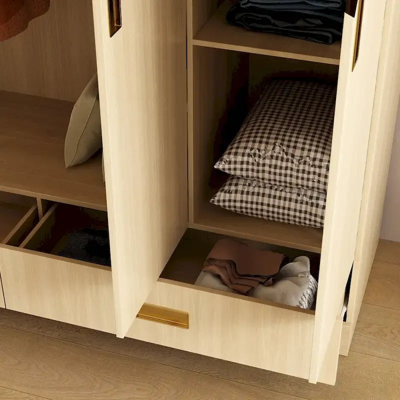 Wardrobe Closet Cabinet with Gold Handles and Optional Top Cabinet