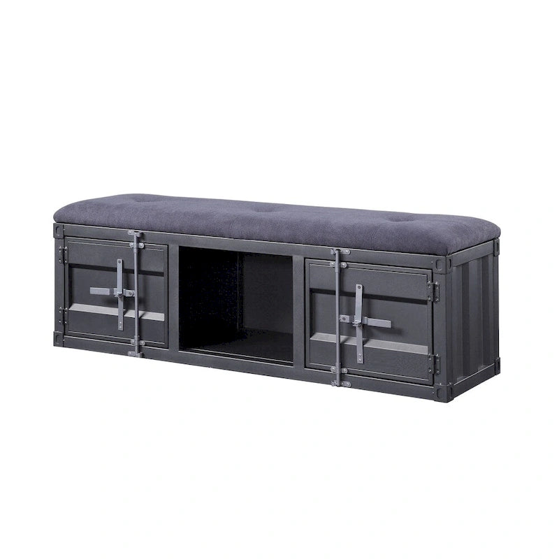 Industrial Style Metal and Fabric Bench with Open Storage, Gray