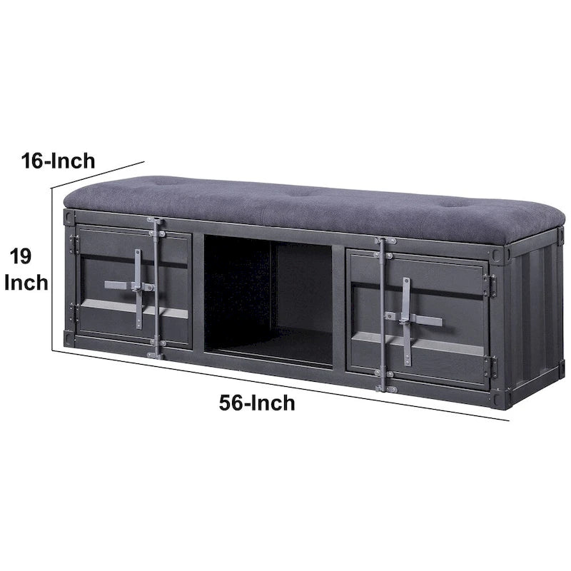 Industrial Style Metal and Fabric Bench with Open Storage, Gray