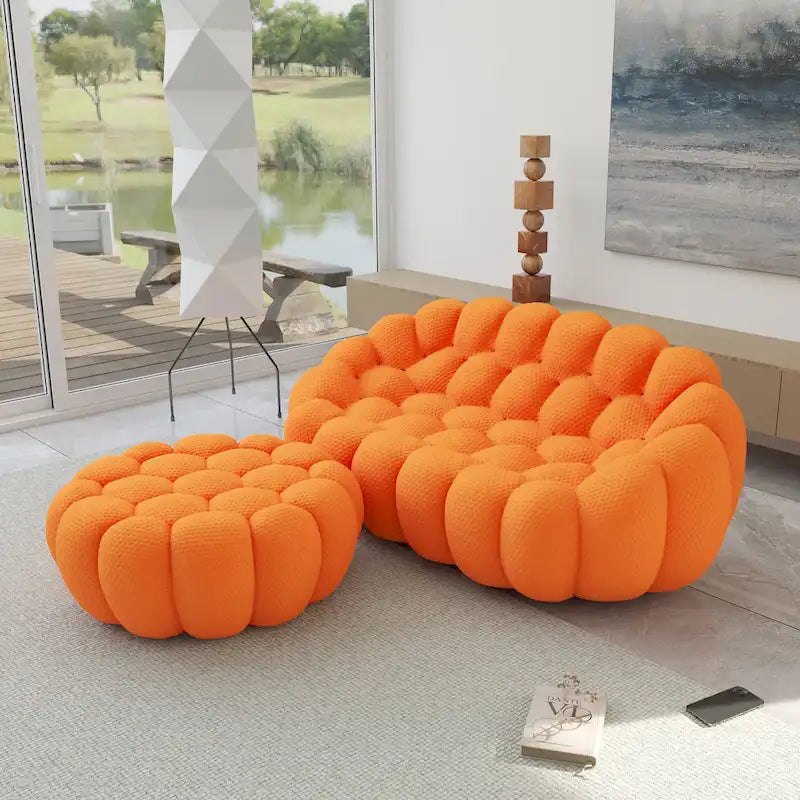3D Honeycomb Fabric Upholstered Bubble Sofa Modern Loveseat with Ottoman