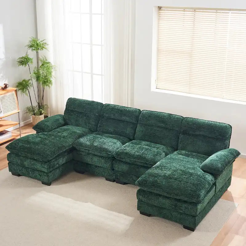 U-shaped profile sofa, including two single seats and two chaise, modular sofa, Chenille sofa