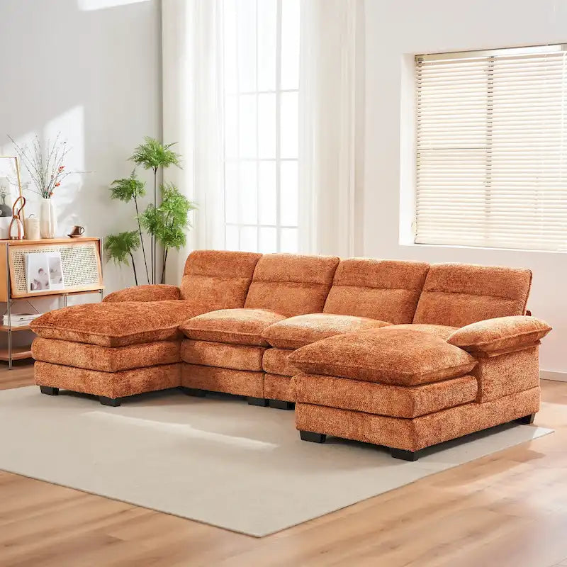 U-shaped profile sofa, including two single seats and two chaise, modular sofa, Chenille sofa
