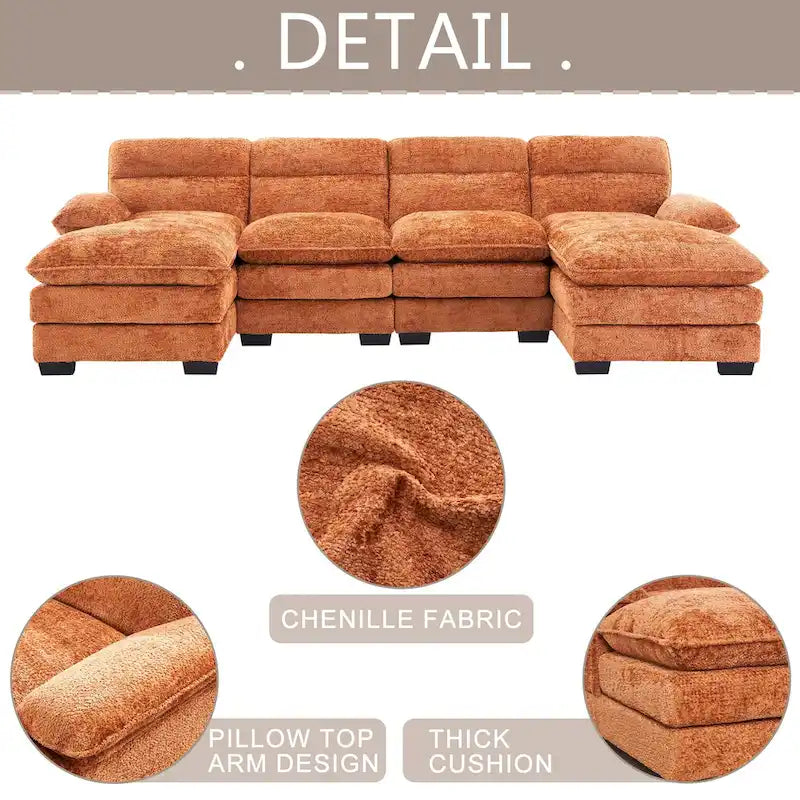 U-shaped profile sofa, including two single seats and two chaise, modular sofa, Chenille sofa