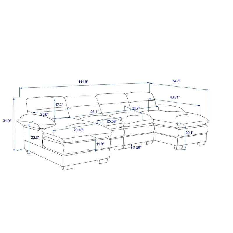 U-shaped profile sofa, including two single seats and two chaise, modular sofa, Chenille sofa