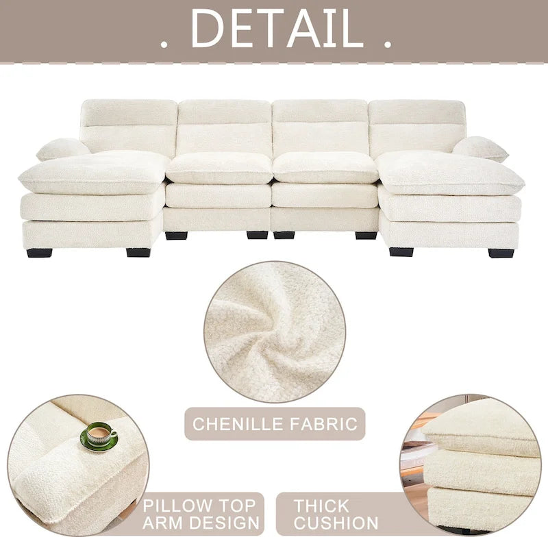 U-shaped profile sofa, including two single seats and two chaise, modular sofa, Chenille sofa