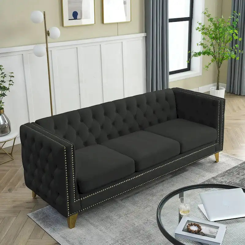 Velvet Upholstered 3 Seat Sofa, Classic Chesterfield Couch Buttons Tufted Square Arm Sofa with Nailheads and Metal Legs