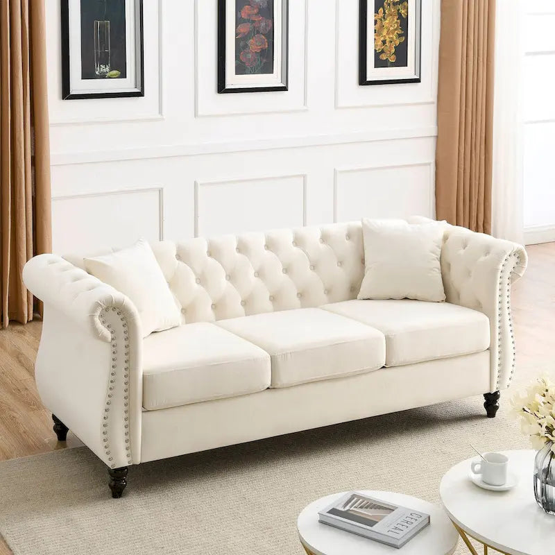 Velvet Upholstered 3 Seat Sofa, Classic Chesterfield Couch Buttons Tufted Square Arm Sofa with Nailheads and Metal Legs