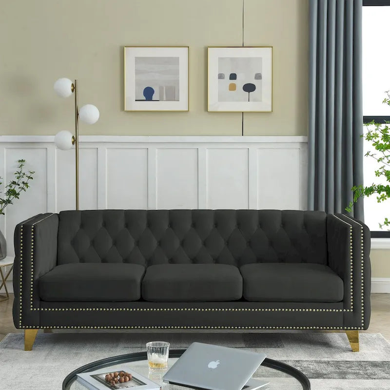 Velvet Upholstered 3 Seat Sofa, Classic Chesterfield Couch Buttons Tufted Square Arm Sofa with Nailheads and Metal Legs
