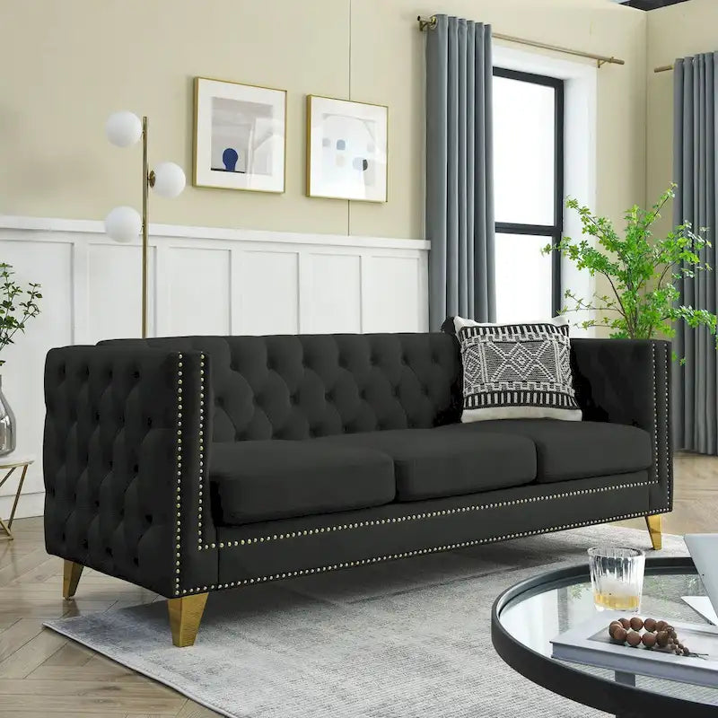 Velvet Upholstered 3 Seat Sofa, Classic Chesterfield Couch Buttons Tufted Square Arm Sofa with Nailheads and Metal Legs
