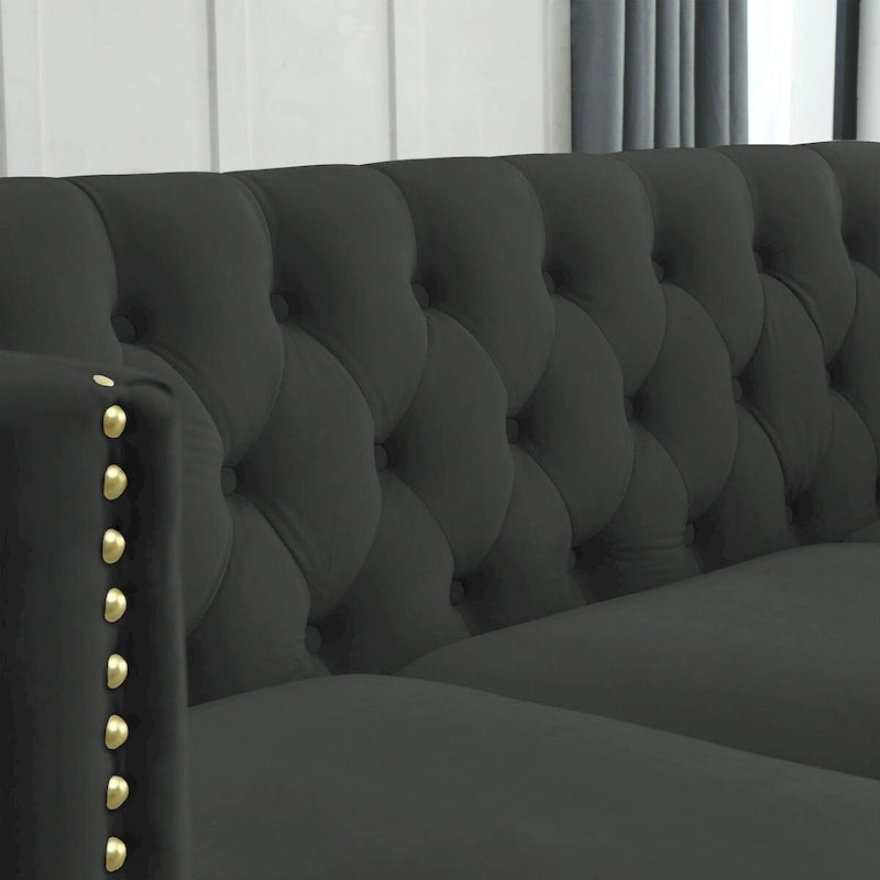 Velvet Upholstered 3 Seat Sofa, Classic Chesterfield Couch Buttons Tufted Square Arm Sofa with Nailheads and Metal Legs