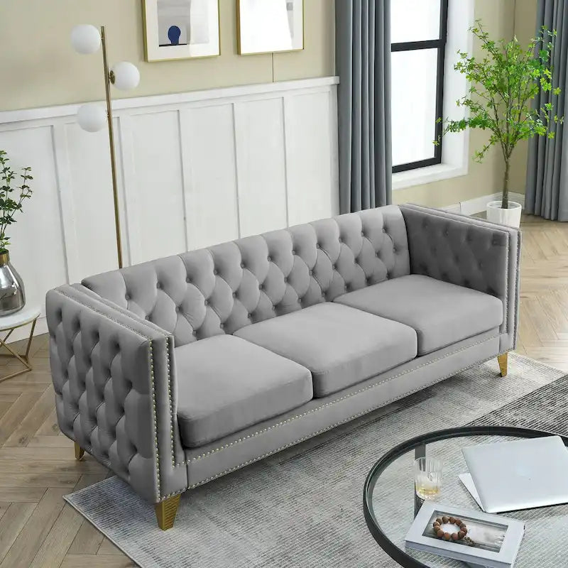 Velvet Upholstered 3 Seat Sofa, Classic Chesterfield Couch Buttons Tufted Square Arm Sofa with Nailheads and Metal Legs