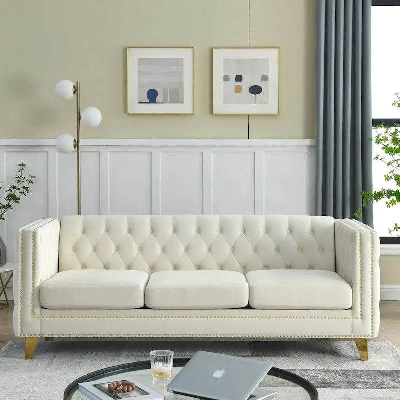 Velvet Upholstered 3 Seat Sofa, Classic Chesterfield Couch Buttons Tufted Square Arm Sofa with Nailheads and Metal Legs