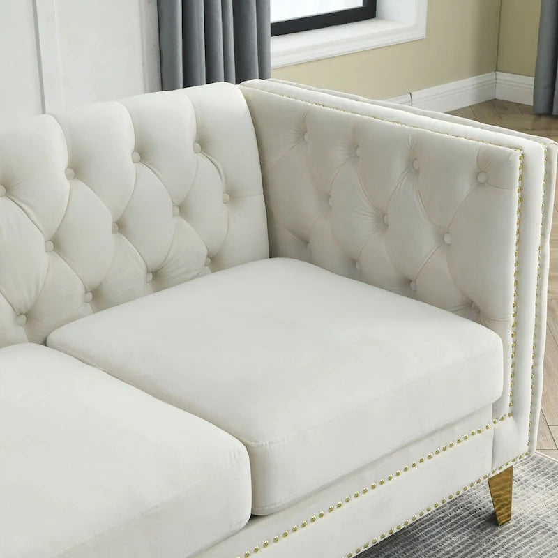 Velvet Upholstered 3 Seat Sofa, Classic Chesterfield Couch Buttons Tufted Square Arm Sofa with Nailheads and Metal Legs