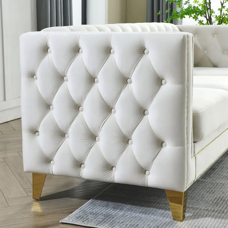 Velvet Upholstered 3 Seat Sofa, Classic Chesterfield Couch Buttons Tufted Square Arm Sofa with Nailheads and Metal Legs