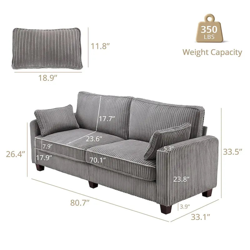 LUE BONA 81 Modern Corduroy 3 Seater Sofa, Polyester Rectangle Upholstered Sofa for Livingroom - 81W X 33D X 26H