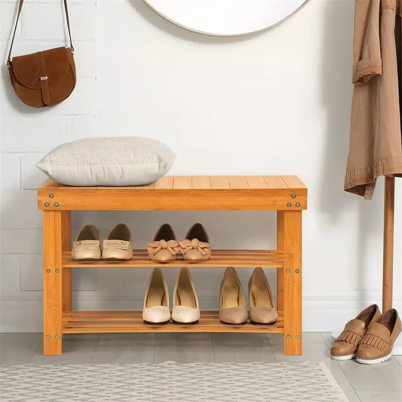 Bamboo Shoe Rack Bench - 27.6D x 10W x 17.6H