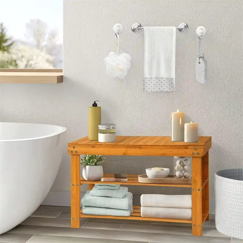 Bamboo Shoe Rack Bench - 27.6D x 10W x 17.6H