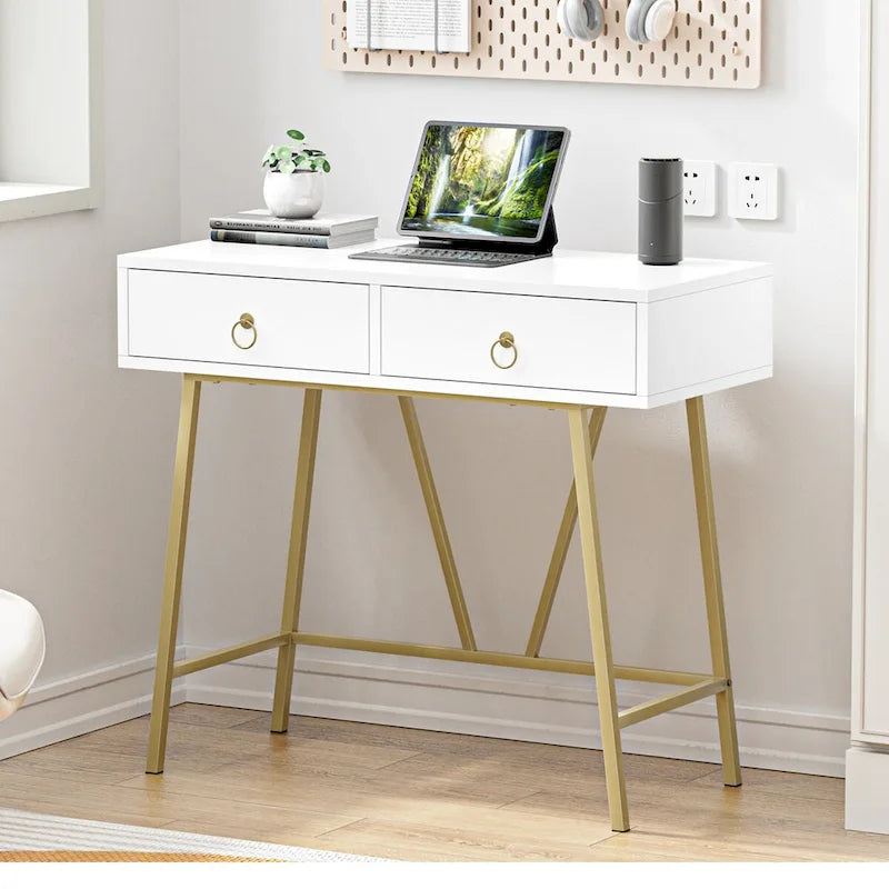 Anmytek Modern Home Office Desk 35.4 Makeup Vanity Table White 2 Drawers Writing Computer Desk with Golden Legs