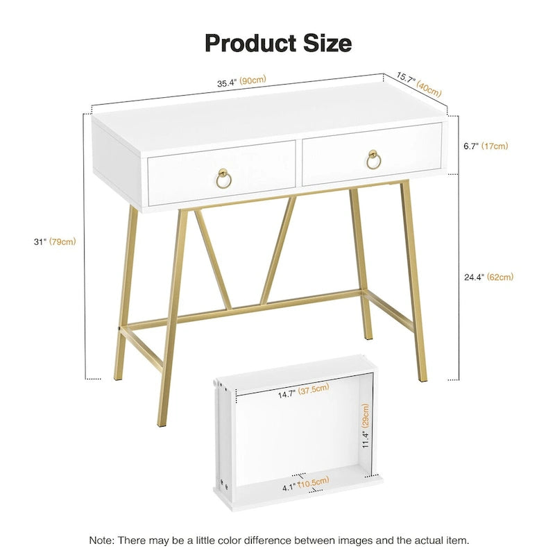 Anmytek Modern Home Office Desk 35.4 Makeup Vanity Table White 2 Drawers Writing Computer Desk with Golden Legs