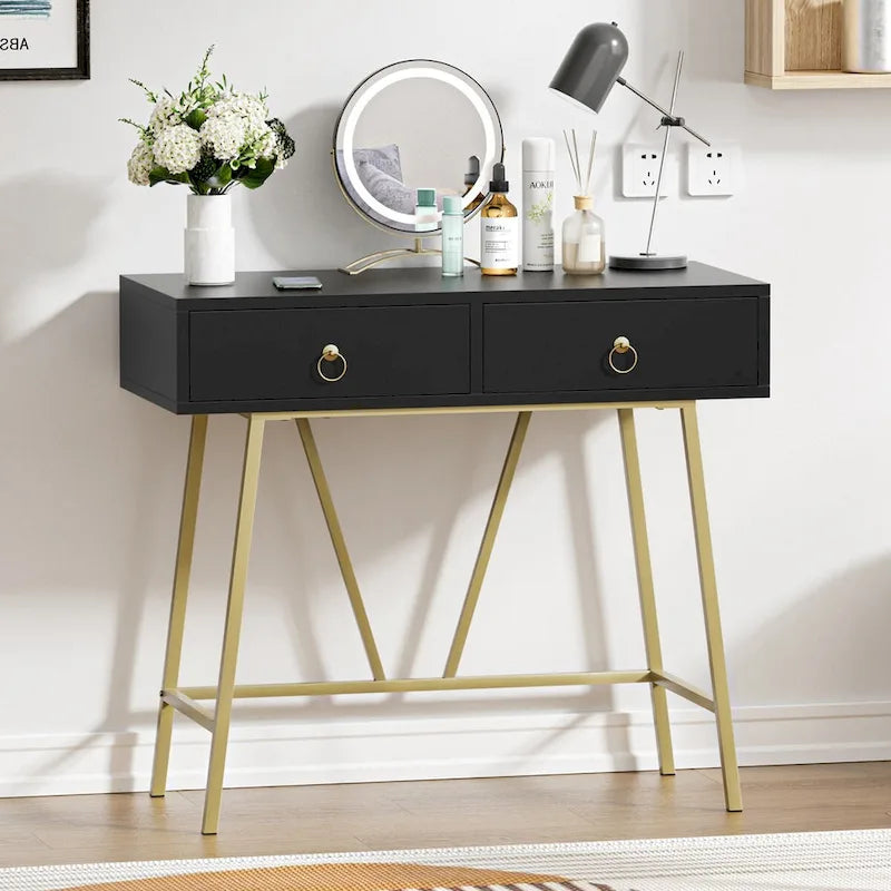 Anmytek Modern Home Office Desk 35.4 Makeup Vanity Table White 2 Drawers Writing Computer Desk with Golden Legs