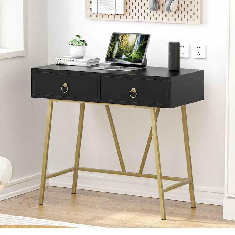 Anmytek Modern Home Office Desk 35.4 Makeup Vanity Table White 2 Drawers Writing Computer Desk with Golden Legs
