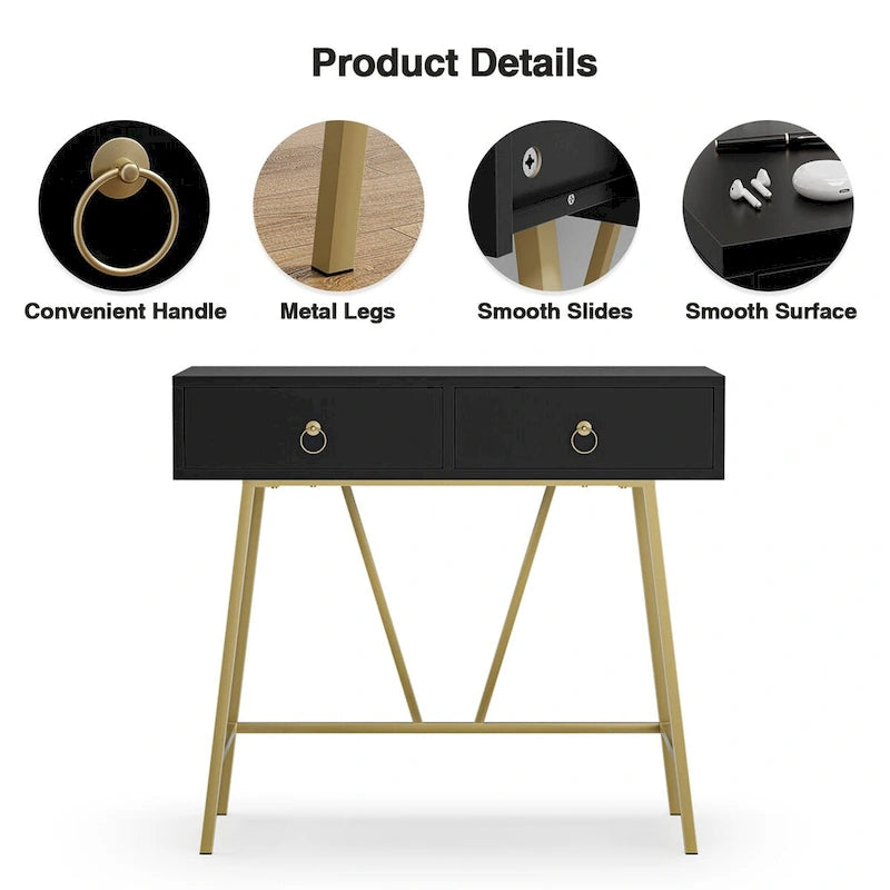 Anmytek Modern Home Office Desk 35.4 Makeup Vanity Table White 2 Drawers Writing Computer Desk with Golden Legs