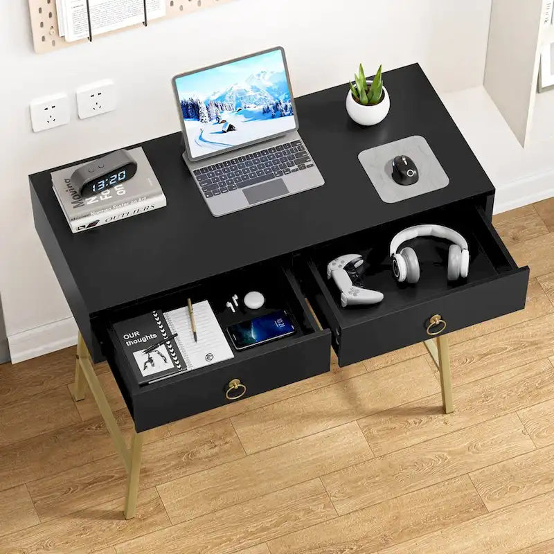 Anmytek Modern Home Office Desk 35.4 Makeup Vanity Table White 2 Drawers Writing Computer Desk with Golden Legs
