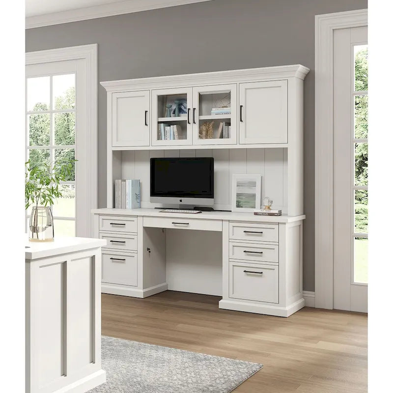 Modern Wood Hutch With Doors and Desk, Storage Hutch and Credenza, Office Storage, Fully Assembled, White
