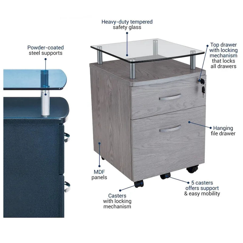 Porch & Den Capilano Glass Top Rolling File Cabinet