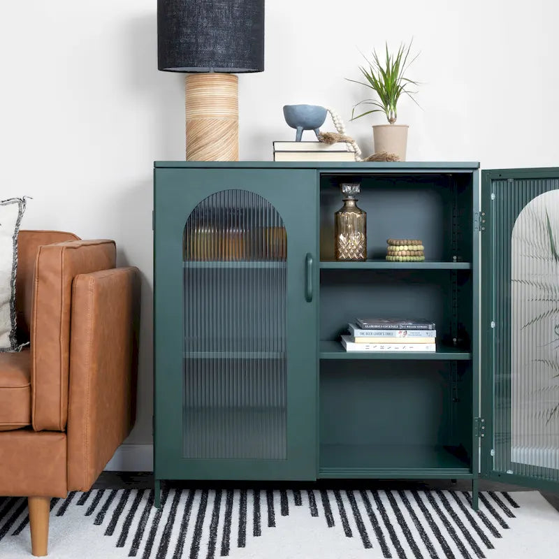 Metal Cabinet with 2 Arched Glass Doors