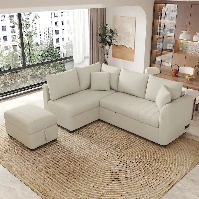 L-shaped Sectional Pull Out Sofa Bed Sleeper Sofa USB,Power Sockets and a Movable Storage Ottoman, Beige