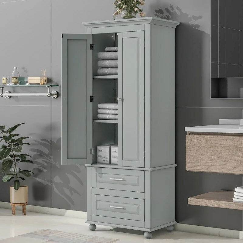 White Tall Kitchen Storage Cabinet with Two Drawers for Bathroom,Office