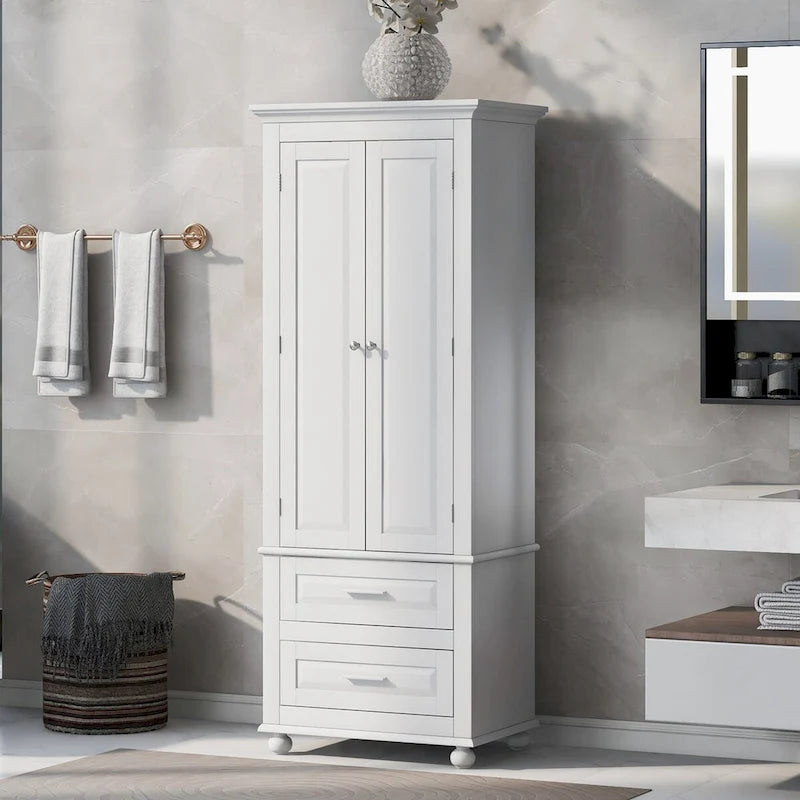 White Tall Kitchen Storage Cabinet with Two Drawers for Bathroom,Office