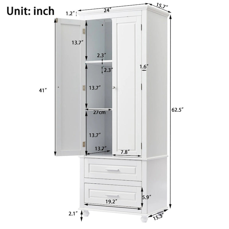 White Tall Kitchen Storage Cabinet with Two Drawers for Bathroom,Office