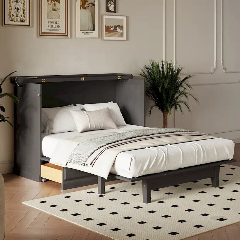 Solid Pine Murphy Bed Chest Cube Cabinet Bed with Charging Station and Large Storage Drawer for or Small Room,Full