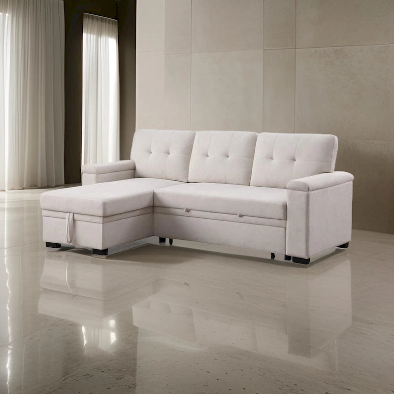 Lusy 85 Inch Reversible Sleeper Sectional Sofa with Storage Chaise, Beige